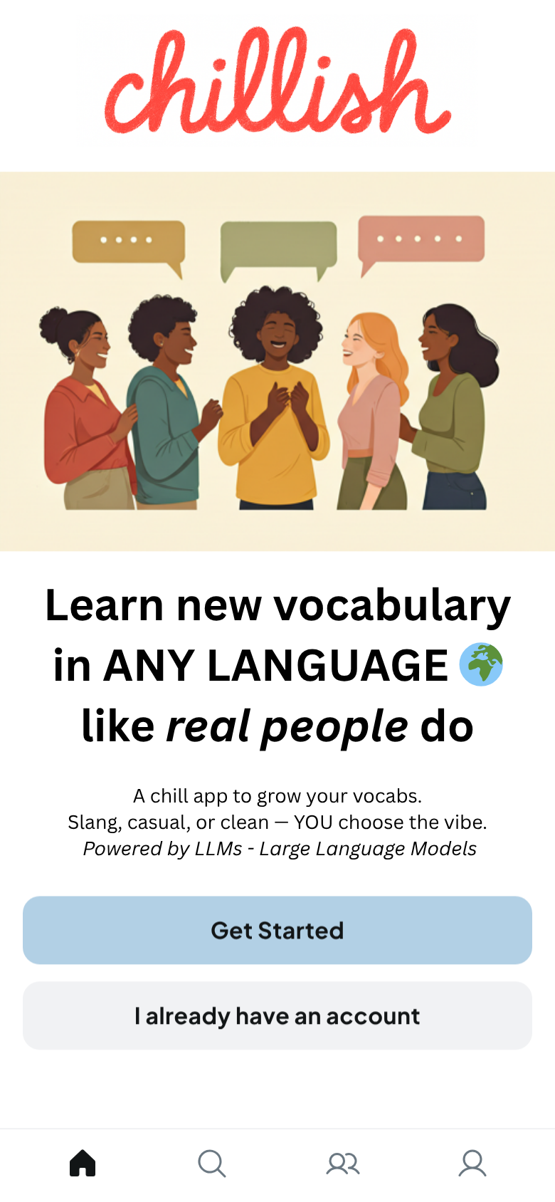 chillish AI dictionary welcome screen